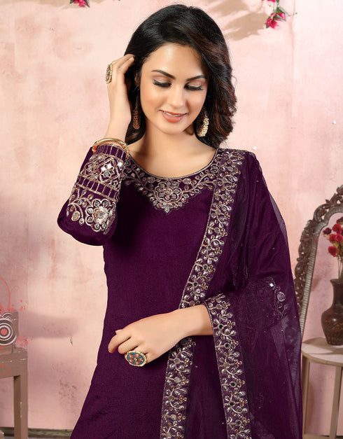 Traditional Function Wear Suit Collection Purple Art Silk Patiyala Straight Back View